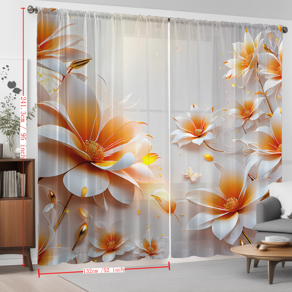 TEMU Launch 2pcs Orange And White Floral And White Printed Home Decor Sheer Curtains, Flowing Window Sheers Suitable For Kitchens, Cafes, Dining