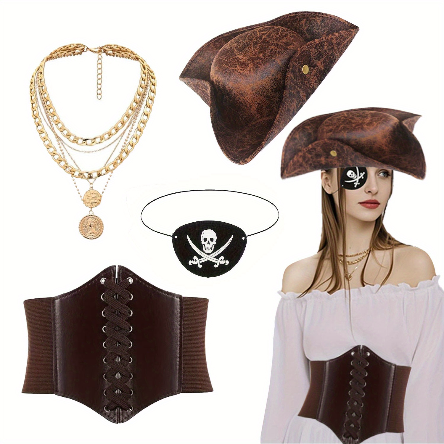 【女性用】海賊テーマアクセサリー4点セット（三つ編み帽子、コ*ベルト、アイパッチ、ネックレス付き）。ハロウィン*に最適。, image size:1500x1500