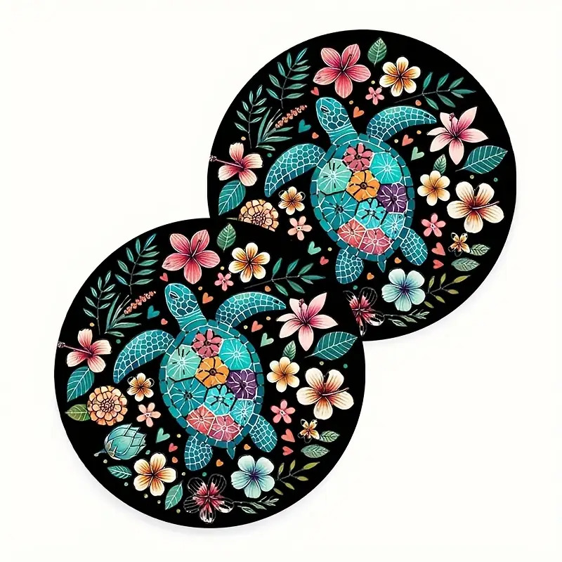 Image of Set Of 2 Turtle-themed Car Coasters Featuring Vibrant Flowers On A Black Backdrop, Perfect As A Gift For Any Season. Stylish And Waterproof, Turtle Cup Holders Are Convenient To Transport.