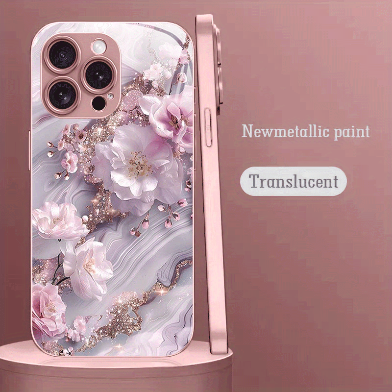 TEMU Phone Case - Cherry Pattern Pink Metallic Paint Tempered Glass Hard Phone Case Suitable For Iphone 16/16 Pro/16 Plus/16 Pro Max/ Pro/15 Pro