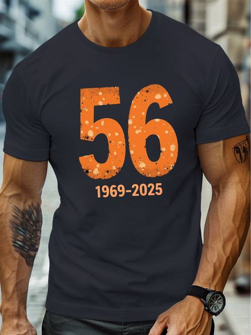 mens casual short sleeve t shirt in distressed orange featuring 56 1969 and 2025 summer plus size