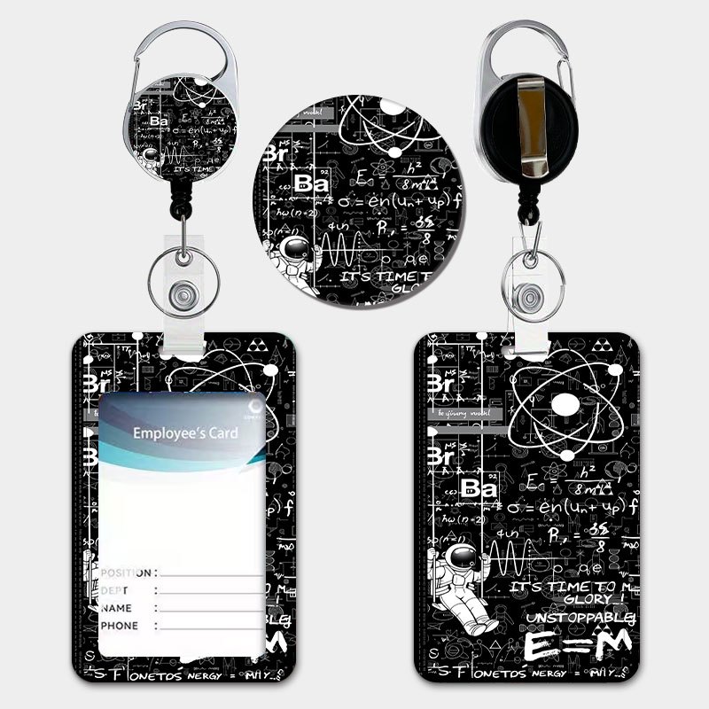 TEMU Space Astronaut Scientific Formula Print Pattern Style Holder Set, Equipped With A Pull-tab Retractable Lanyard And Keychain, Durable Plastic