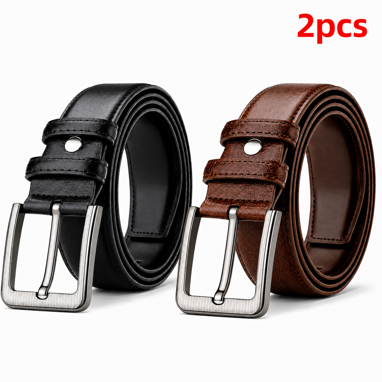 Image of 2pcs Men's Belts, Classic Pin Dress Belt Set, Black And Brown Casual Business Waist Belt For Jeans, Trousers, And Suits