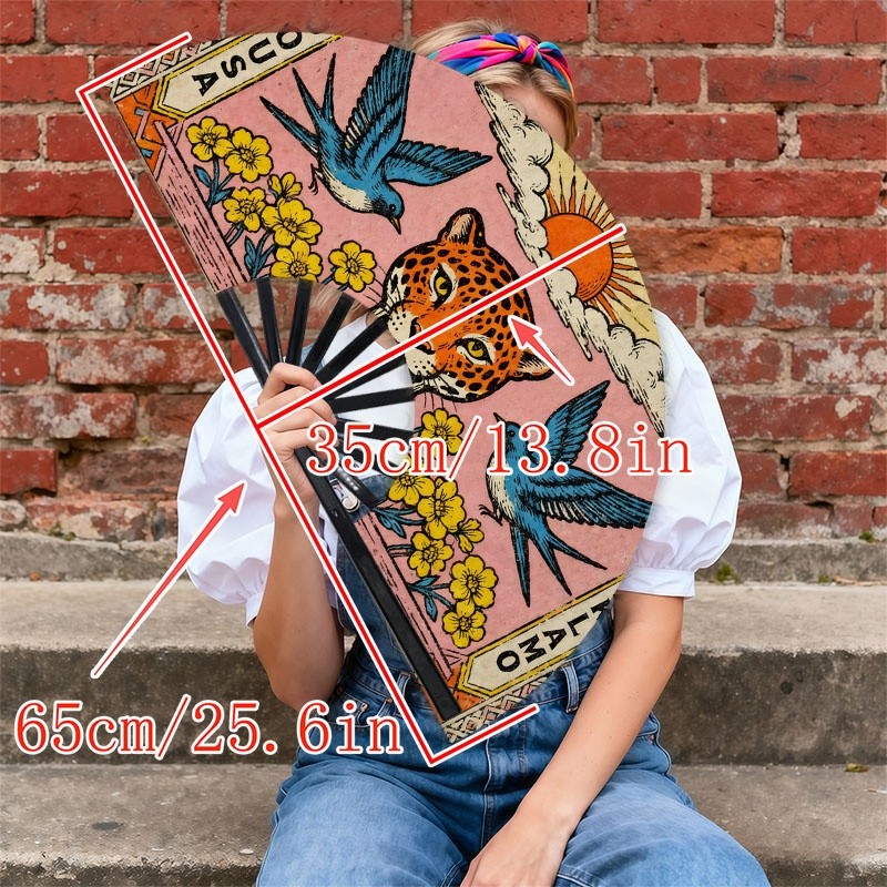 TEMU 1pc Men's Handheld Fan With Retro Leopard & Birds Design - Vintage Style Pink & Color Motif, Lightweight Cooling Fan Suitable For Daily Use,