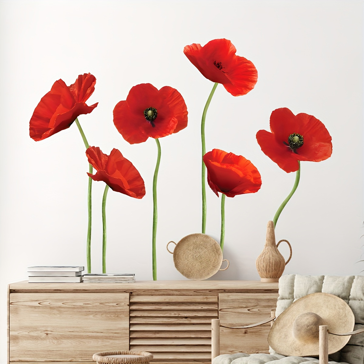 Image of 1pc Of Innovative Wall Decal Featuring A Design Of Red Flowers, Perfect For Decorating Bedrooms, , Living Rooms, And . Self-adhesive Wall Stickers Serve As Decorative Decals