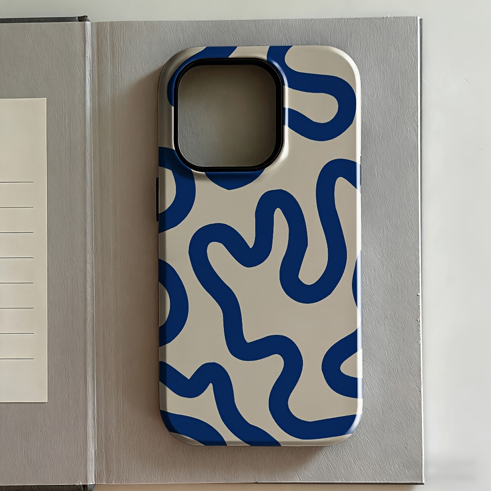 TEMU Phone Case: 2d Printed 1 Phone Case: Abstract Blue Wave Pattern On Gray Background, Compatible With Iphone 17/16/16e/15/14/13/12/11 Pro