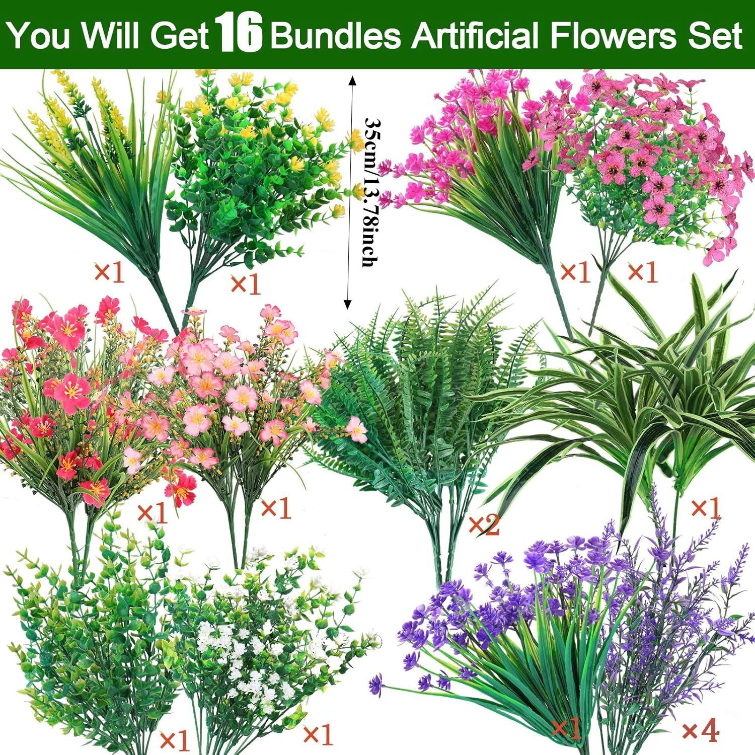 Image of 16pcs Outdoor Artificial Flowers Plants, Artificial Stem Plants Boxwood Uv Resistant Artificial Greenery Fake Shrubs Ferns Indoor Outdoor Planting Hanging Front Porch Patio Garden Window Box Decor