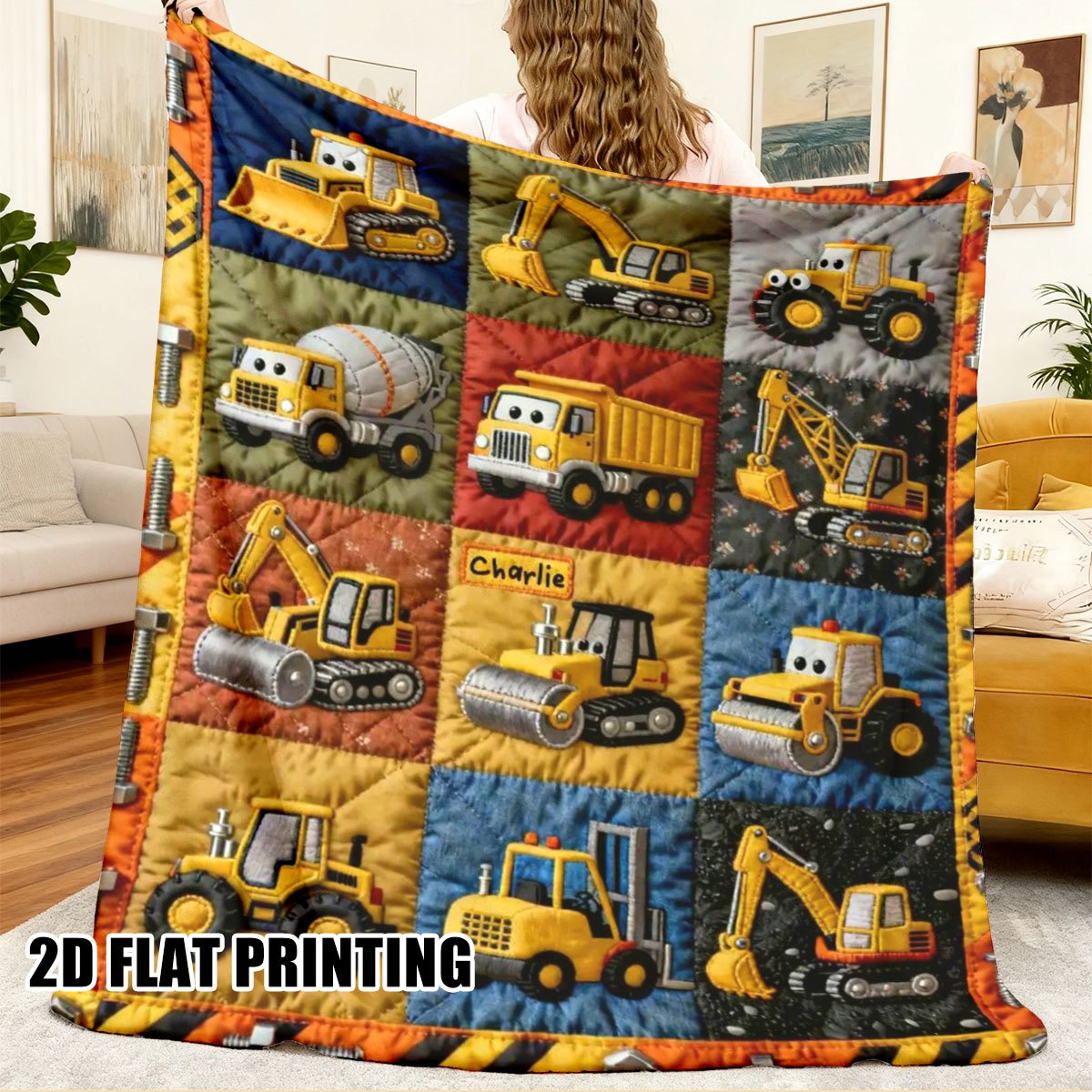 TEMU [2D-FLACHDRUCK] . Flanelldecke „Baufahrzeug-Patchwork-Thema“ – Großformat, weich, leicht warm, für alle Jahreszeiten geeignet – für Bett, Sofa,