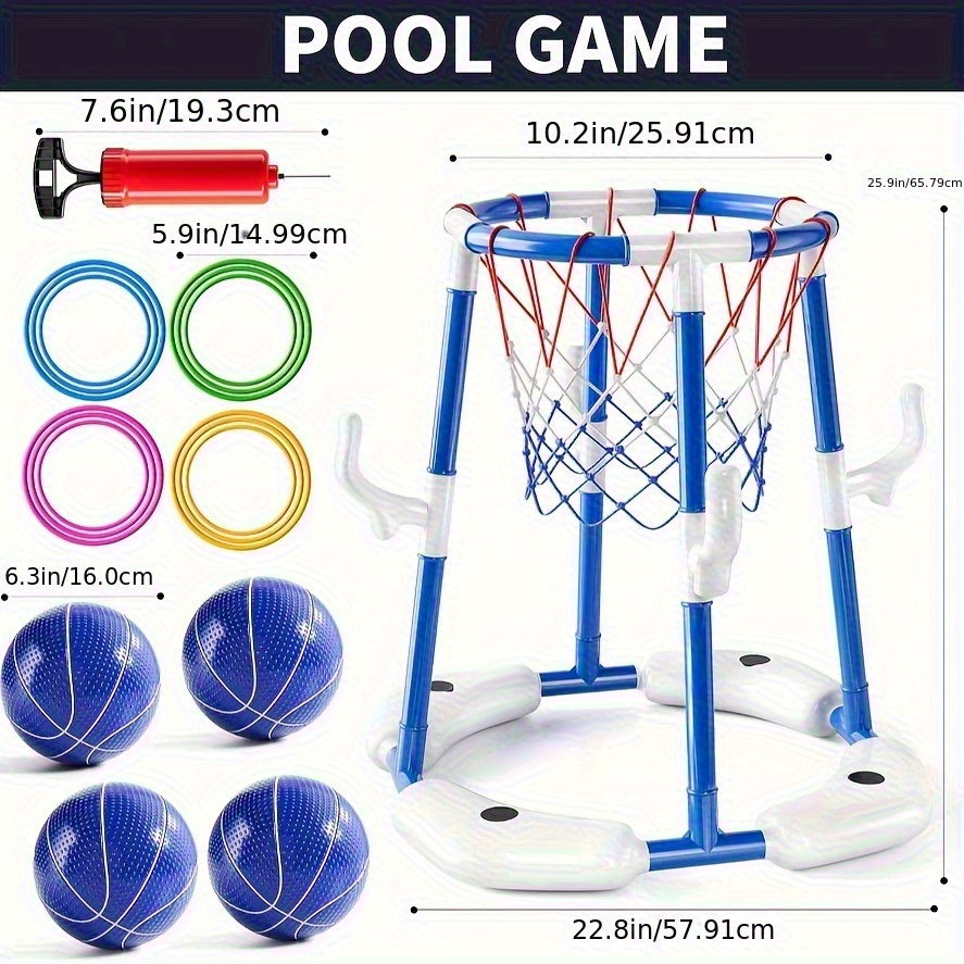 A Rotating Pool Basketball Stand with a Panoramic View, Featuring a Dual-Mode Competitive Water Circle, Complete with 4 Blue Balls And 12 Colorful Rings, Making It an Ideal Gift for Sports Lovers.