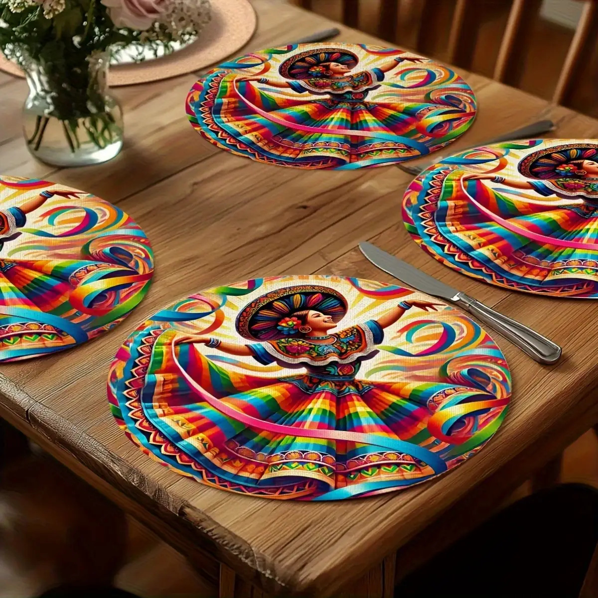 TEMU Of 4 Table Mats Featuring Vibrant Traditional Mexican Folk , Measuring 15x15 Inches Round, With Marigold Wreaths And Sombrero Patterns. Durable