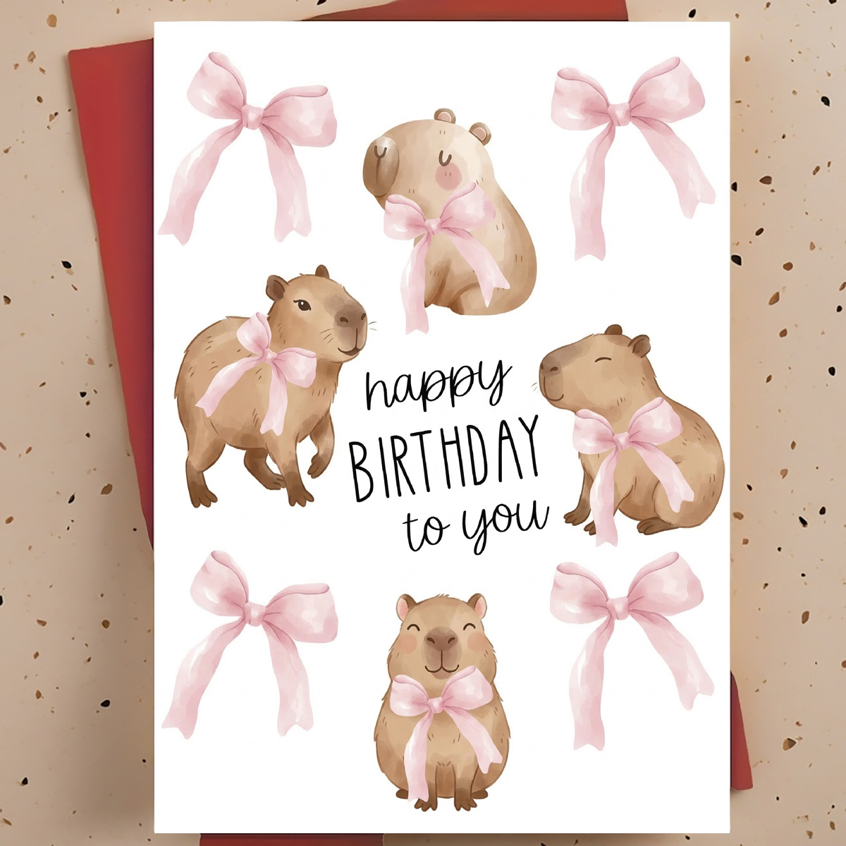 Capybara Birthday Card With Pink Bow - Adorable Capybara Design, Ideal For Women And , Perfect For Birthday Party Decor, Weddings, Easter, Foldable Animal Greeting Card