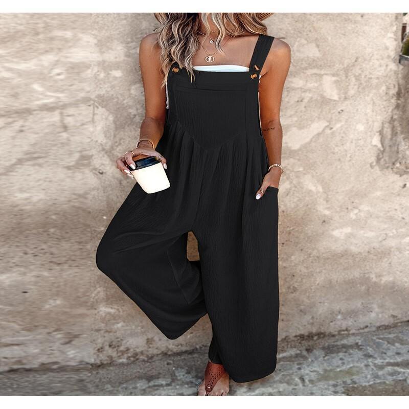 

Chic Women' Jumpsuit - Casual Summer Sleeveless Strap, Loose Wide Leg With Pockets, Stretchy Polyester, Machine Washable - & Outdoor Activities