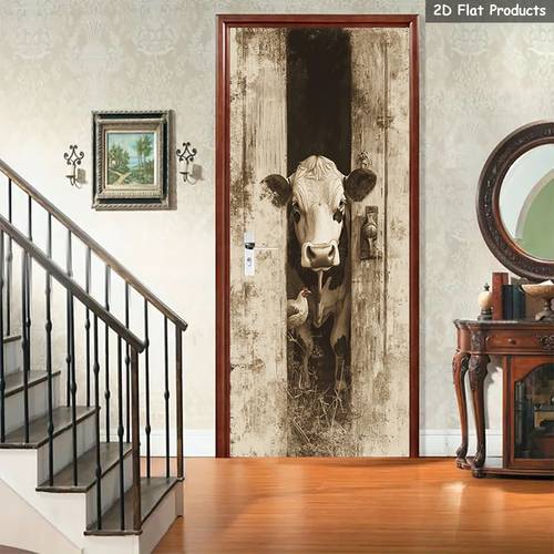 item picture 2d flat 1 pair chicken door mural sticker cow peeking self removable wall mural vintage style door mural sticker life door scene door stickers door poster for bedroom living room door decoration