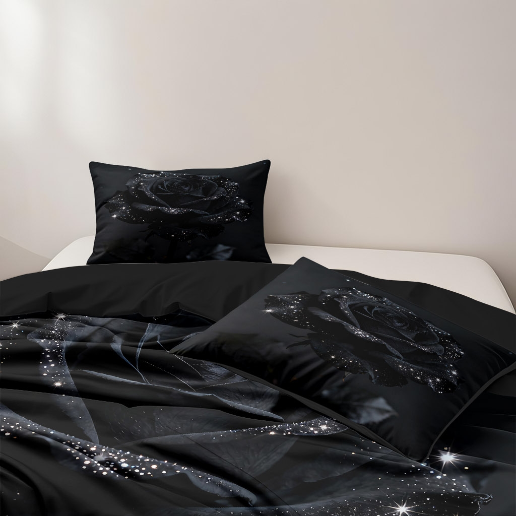 TEMU 2/3pcs Fashion Trendy Black Rose Shimmer Pattern Bedding Set, Multiple Sizes , Soft Light Beige-friendly Comfortable Warm Machine Washable,