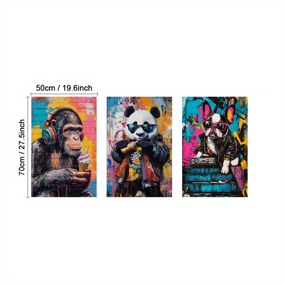 TEMU 2d Flat, Set Of 3 Framed Funky Animals Wall Art Decor, Canvas Print Wall Arts, Colorful Poster, Urban Prints, Animals Paintings, Cool Sunglasses