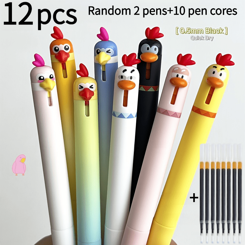 TEMU 12pcs Parrot Chick Unisex Pens (random 2pcs Pens And 10pcs Refills) Creative Animal Writing Pens 0.5mm Black Pens Office Supplies Small Gift