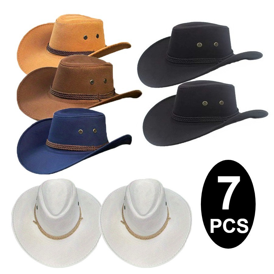 TEMU 7pcs Of Retro Western Cowboy Hats, Unisex Knight Jazz British Style Top Hat, Fashionable Wide-brimmed Sun Hat, Retro Western Top Hat, Unisex