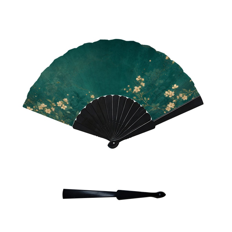 TEMU 1pc Elegant Vintage Teal-green Floral Hand Fan With Light Flower & Patterns, Golden Decorations - Plastic & Ribs Suitable For Weddings, Parties,