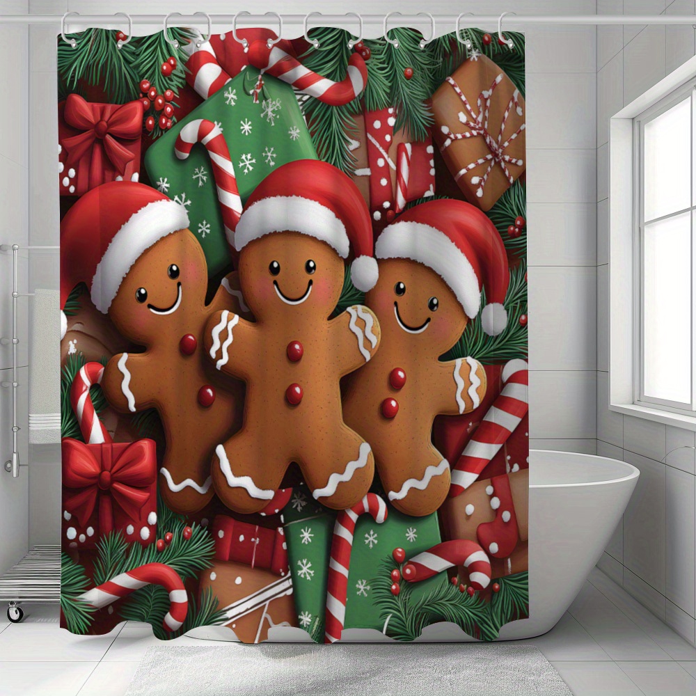 

Merry Christmas Gingerbread For Man Shower Curtain - Waterproof, Machine Washable With 12 Hooks Included - Festive Bathroom Decor & Holiday Gifts