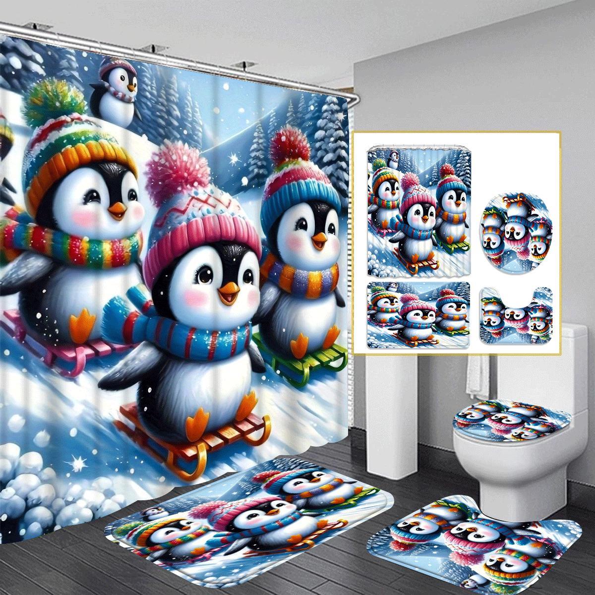 

Christmas Decorative Shower Curtain Bathroom Set - , 12 , Including And Bathtub Mat 1pc/4pcs Optional