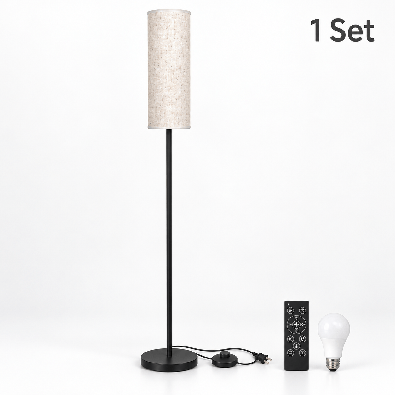 TEMU 1 Set 61-inch Dimmable Floor Lamp With Remote & Foot Switch, Beige Fabric Shade, Black Metal Stand, 3000k/4500k/6000k, 9w Led Bulb Included, 1h