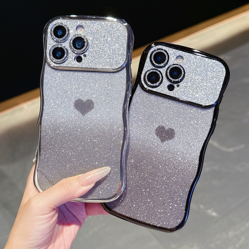 photo de l'article étui iphone 17 série avec cœur pailleté dégradé   électroplaqué + film pailleté pour lentille, compatible avec  , coque de -chute intégrale, design   créatif et niche pour iphone 13/14/15/16/17 pro max, coque antichoc, motif cœur, matériau de haute qualité, coque durable, pour