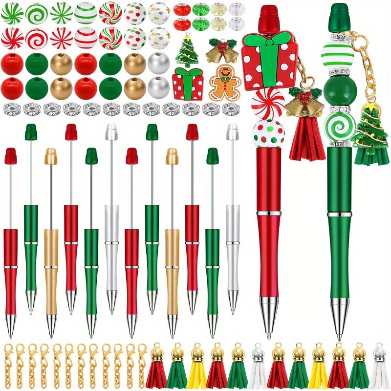 Image of 12 Sets Christmas Beadable Pens Plastic Bead Pens Winter Gingerbread Man Bulk Ballpoint Crafting Pens Making Kit With Pendants Lobster Clasps For Students Teens School Office Supplies