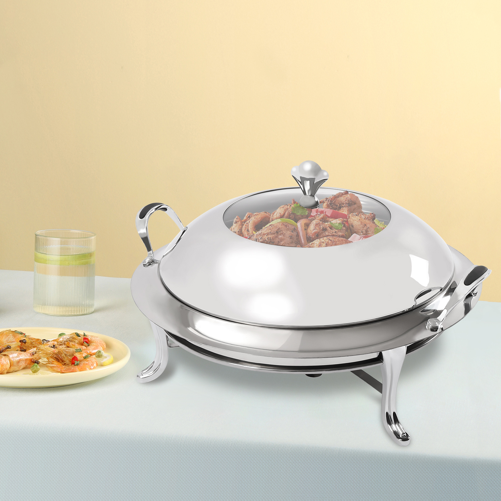 E-shop Diningtablett Edelstahl Rund Langlebiges Buffet Warmhalteplattensystem Langlebiger Rahmen mit Deckel und Brennerhalter für Küche Party Essen