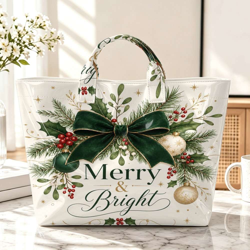 TEMU 1pc Women's Tote Handbag, Green Velvet Bow Pine Holly Christmas Print Handheld Bag, Xmas Gift Tote Bag For Women