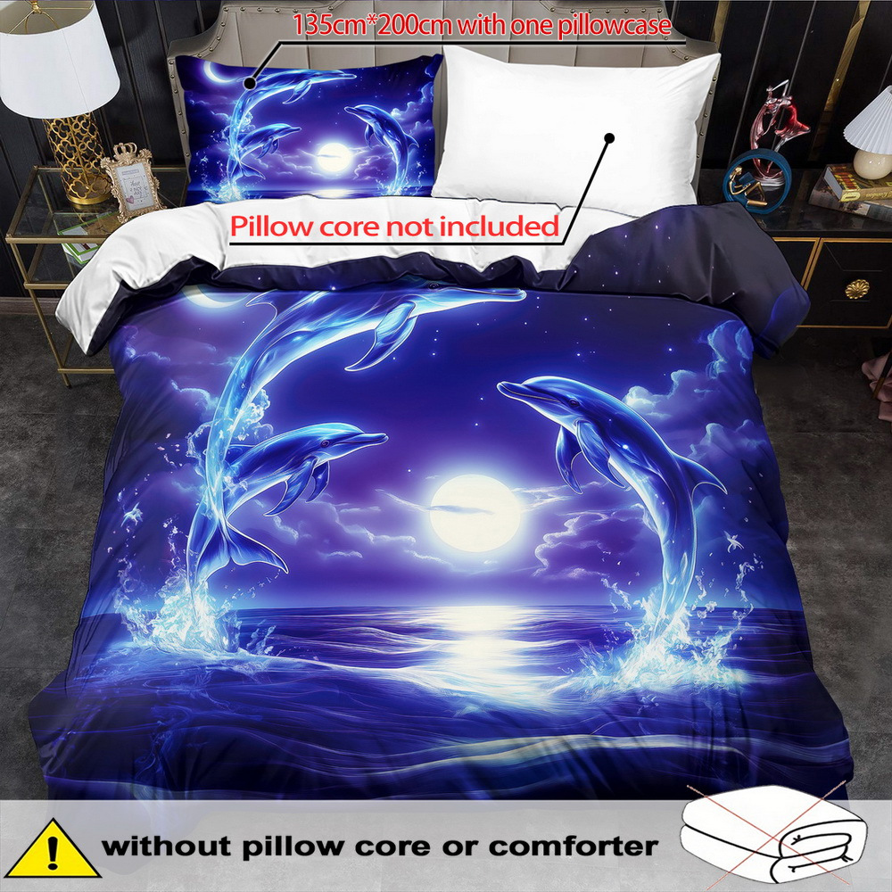 E-shop 2/3-teiliges Bettwäsche-Set mit Delfin-Motiv - Weiches, atmungsaktives Bettwäsche-Set mit Cartoon-Tierdruck, Ozean-Print-Bettbezug mit