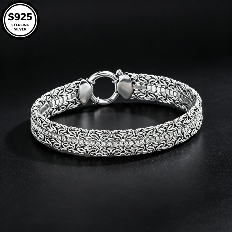 Image of 925 Silvery Braided Synthetic Zirconia Bracelet For Women, Vintage Court Bohemian Bangle, Jewelry Gift For Valentine's Day Mother's Day Christmas Birthday Anniversary New Year, With Gift Box
