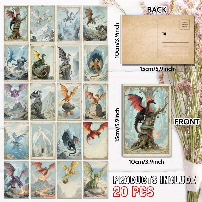 TEMU 20pcs Vintage Fantasy Dragon Postcards - Unique Cartoon Dragon Designs With Dragons, Castles & Mystical Scenes, Personalizable Positive