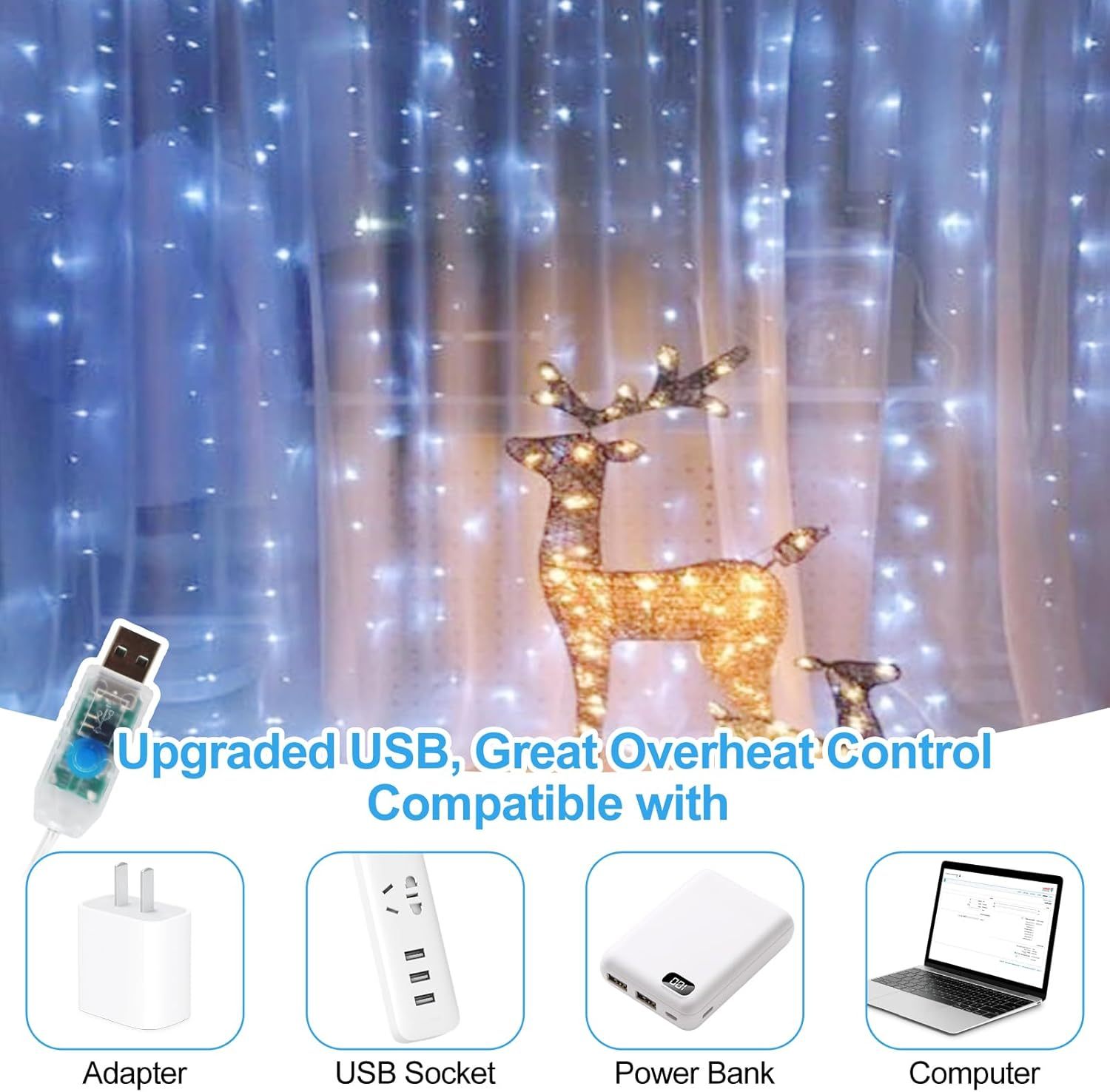 LED Fairy Curtain Lights, Fairy Curtain Lights for Bedroom, Cold White USB Plug-in 8 Modes Chandelier String Lights with Remote Control, Suitable for Christmas, Bedroom, Indoor, Wedding, Party, etc. Decoration, Suitable for All Seasons