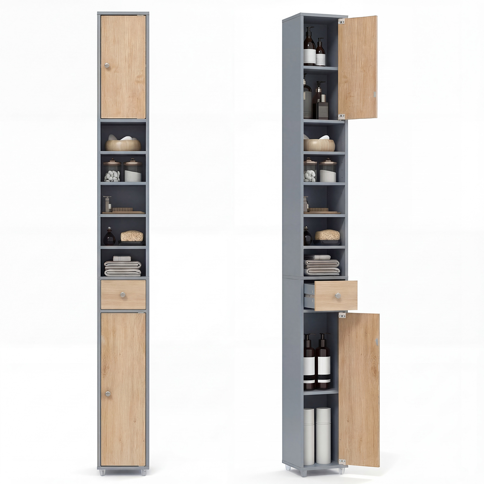 TEMU Costway 71 Inch Bathroom Tall Cabinet, Slim Freestanding Pantry Cabinet W/ 2 Cabinets, 5 Open Shelves & 1 Drawer, Anti-tipping Device Included,