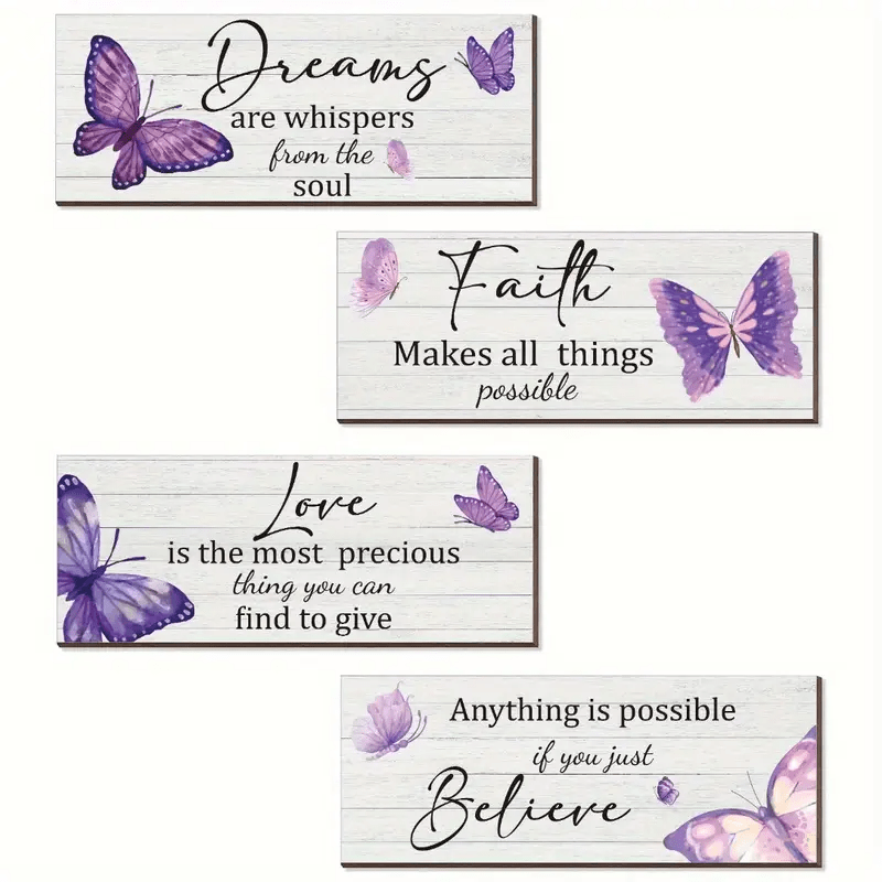 TEMU 2d Flat, Set Of 4 2d Flat Wooden Inspirational Wall Art- 4 Wooden Decor Pieces With Inspirational Quotes- Stylish Purple Design, Home Decoration