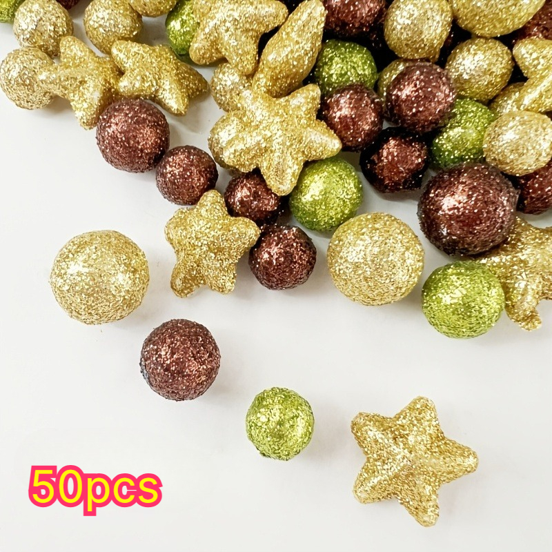 TEMU 50 pezzi di ornamenti natalizi scintillanti in schiuma glitterata a forma di stella e sfera, 3D miste , verde e marrone, per albero di Natale, ,