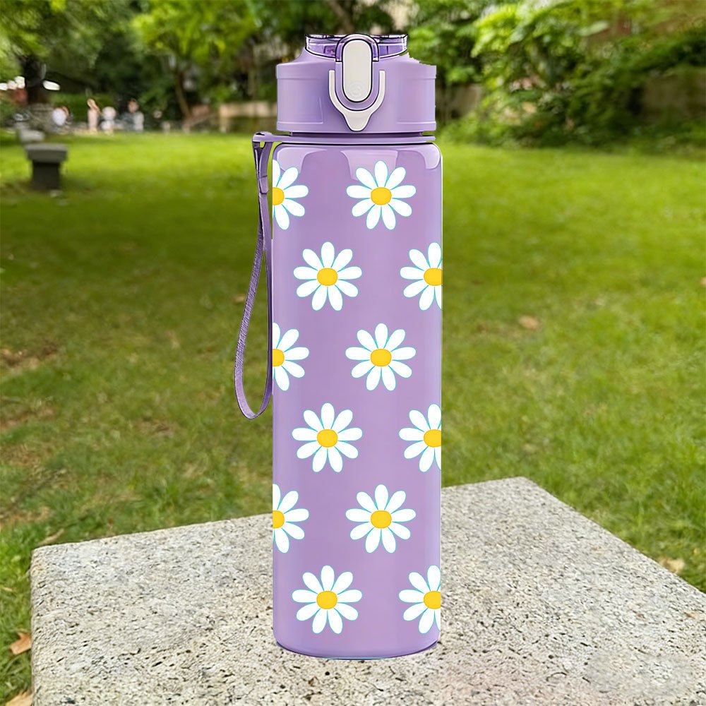 TEMU Botella de de plástico colorida de 750 ml/26 oz con estampado de margaritas, 1 pieza, a prueba de fugas con , , adecuada para deportes al ,