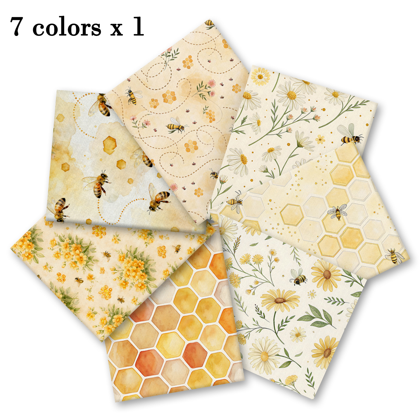 TEMU 7pcs Layer Cake Fabric Scraps, Watercolor Pastoral Beehive Quilting Fabric Set With Flying , Watercolor Honeycomb Checkered, Chamomile And