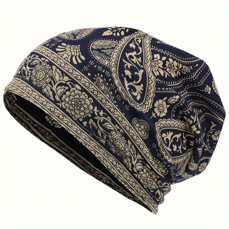 Image of 1/5pcs, Classic Paisley Print, Slouchy Beanie, Bohemian Stretchy Cap Vintage, Unisex Neck, Soft Beanie With Ties, Chemotherapy Cap For Men And Women