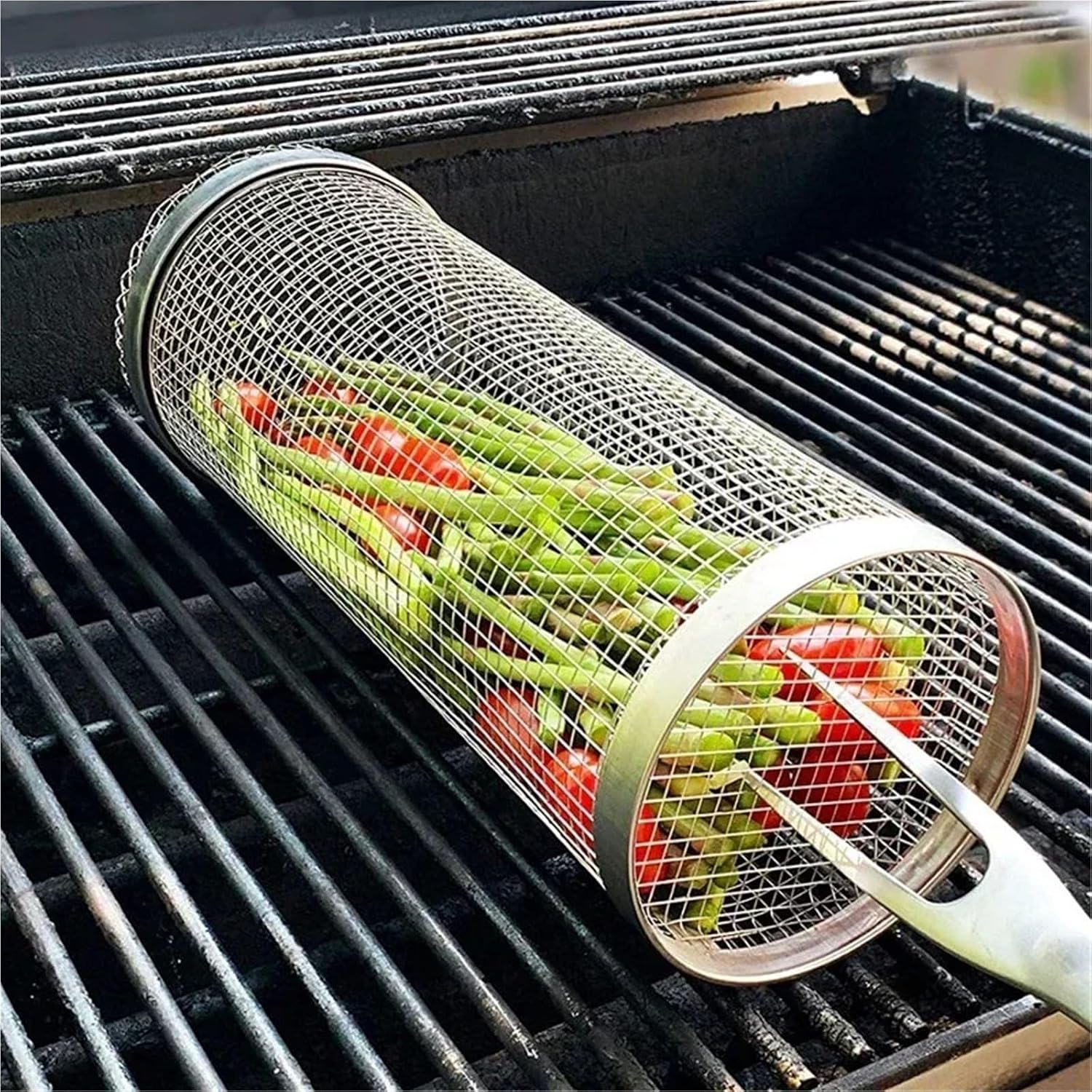 TEMU 1 Set Stainless Steel Portable Grill Basket With Grill Rack, Grill Fork And Hooks, Outdoor Camping Bbq Grill, Round Fire Pit For Picnic And