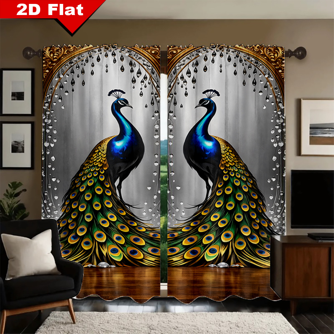 TEMU 2d Flat, 2pcs Panels Semi-sheer Curtains Suitable For Bedroom Living Room Kitchen - Rod Pocket Window Drapes With Pea & Rooster Pattern,
