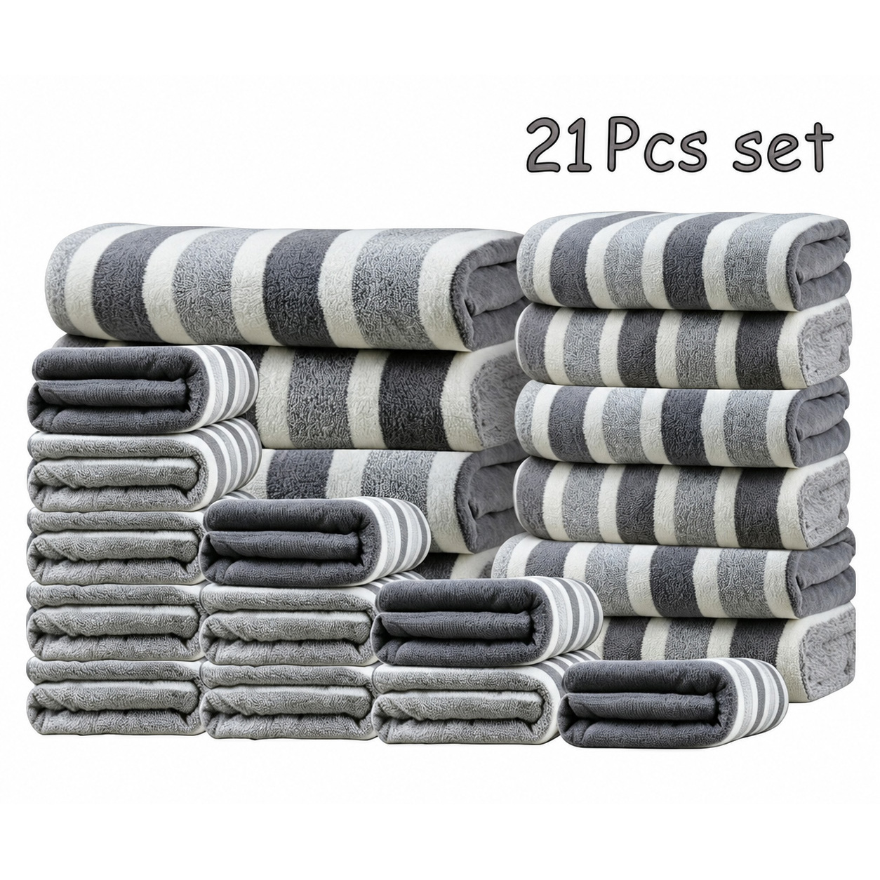 TEMU 21pcs Striped Coral Fleece Towel Set, Absorbent Quick-dry Skin-friendly Bath Towel Set, Durable Fluffy Shower Towels For Bathroom Gym Beach Spa