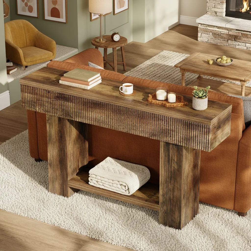 55-Inch Entryway Table with Storage, Farmhouse 2-Tier Console Table for Behind Couch, Rustic Wood Accent Table for Hallway Living Room Foyer (1pc)