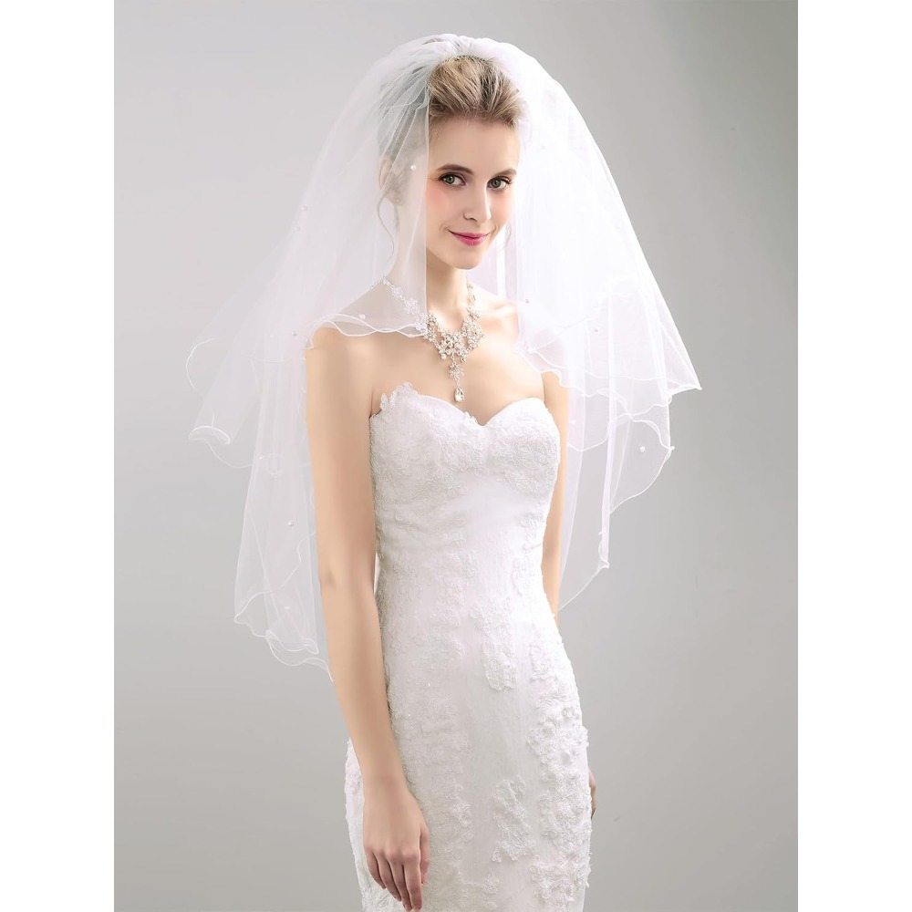 1pc elegant bridal wedding veil pearl accents ivory tulle - Temu display picture 1