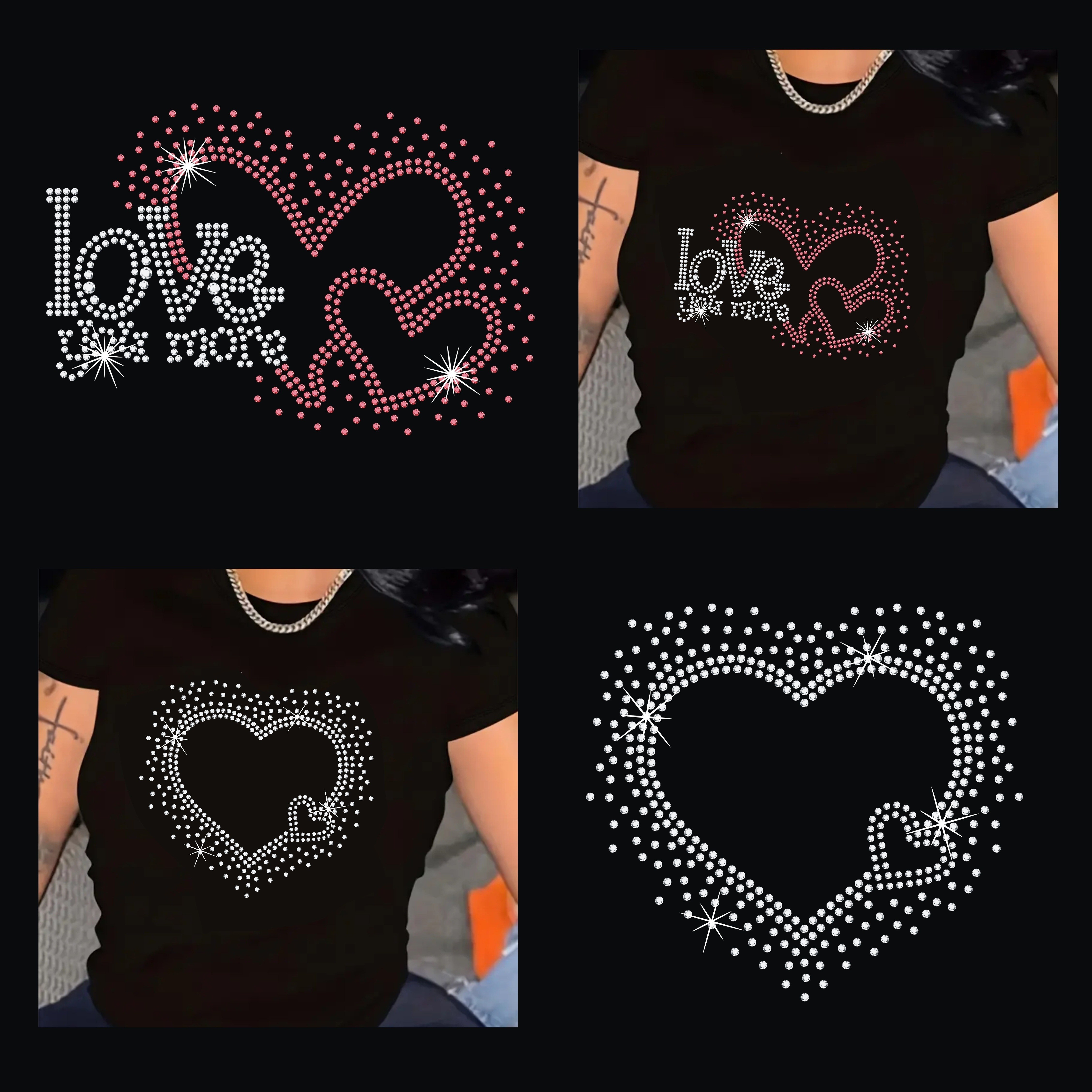 

2pcs Love-themed Iron-on Transfer Decals, Mixed Color Heart Patterns With Rhinestones, Diy Vinyl Stickers For T-shirts, Sweatshirts & Jackets - Washable Valentine's Day Apparel Embellishments