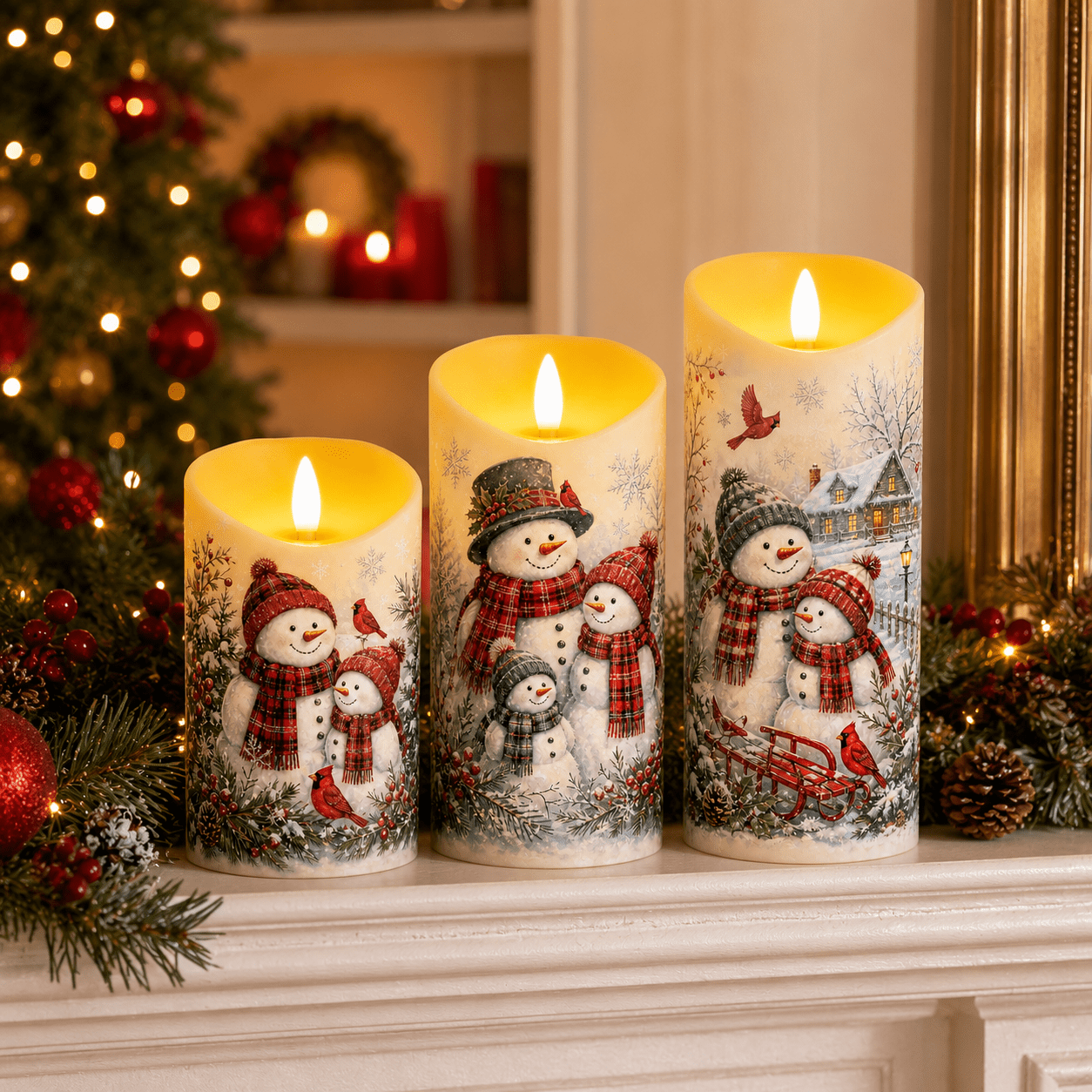 TEMU 3pcs Christmas Flameless Led Pillar Candles, Snowman Family & Bird Winter Scene Design, Battery Operated Flickering Candles, Cozy Decor,