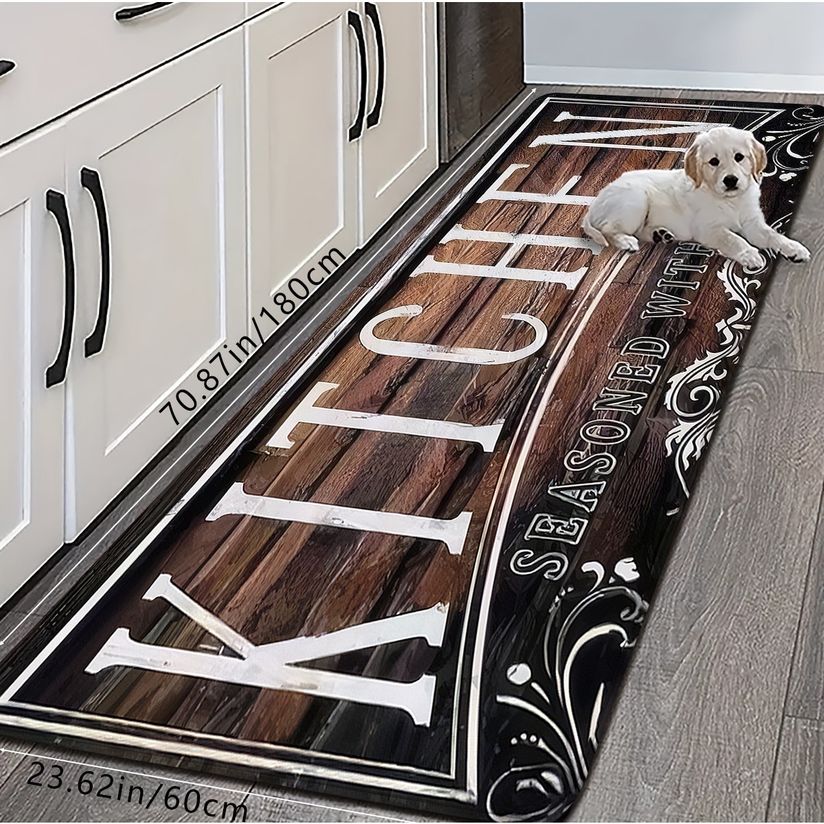 TEMU 1pc Brown Wood Grain Print "kitchen" Themed Absorbent Doormat, Vintage Industrial Style Non-slip Kitchen Runner Rug, Easy To Clean And Machine