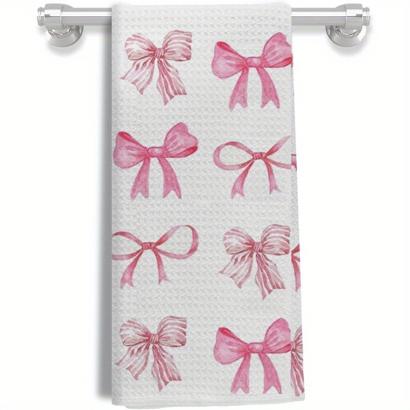 

1pc Modern Pink Bow Kitchen Towel, 18x26inch Super Soft Woven Polyester, Machine Washable Cartoon Themed Square Hand Towel For Kitchen & Bathroom Decor, Ideal For Women And Girls