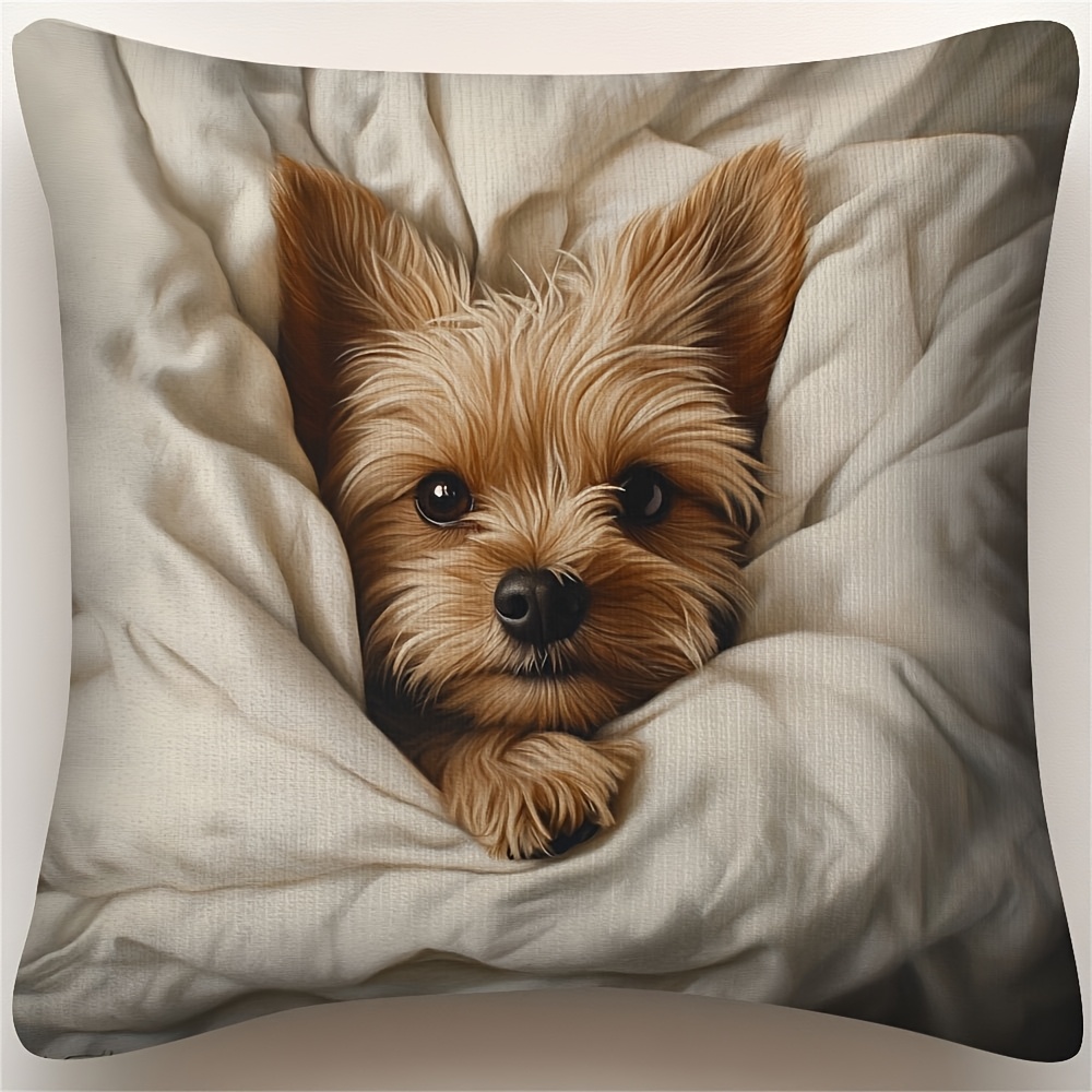 TEMU 1 pièce Taie d'oreiller en peluche confortable avec chiot Yorkshire Terrier - Impression sur une seule face, fibre de douce et chaude, fermeture