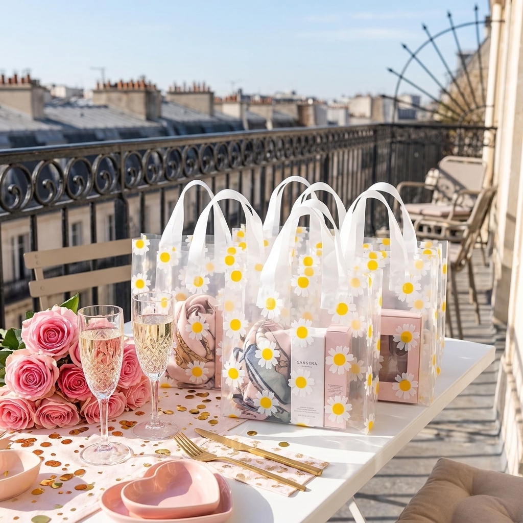 TEMU 7 sacs cadeaux transparents à imprimé marguerite | Sacs fourre-tout multi- résistants aux taches pour cosmétiques, vêtements et cadeaux de